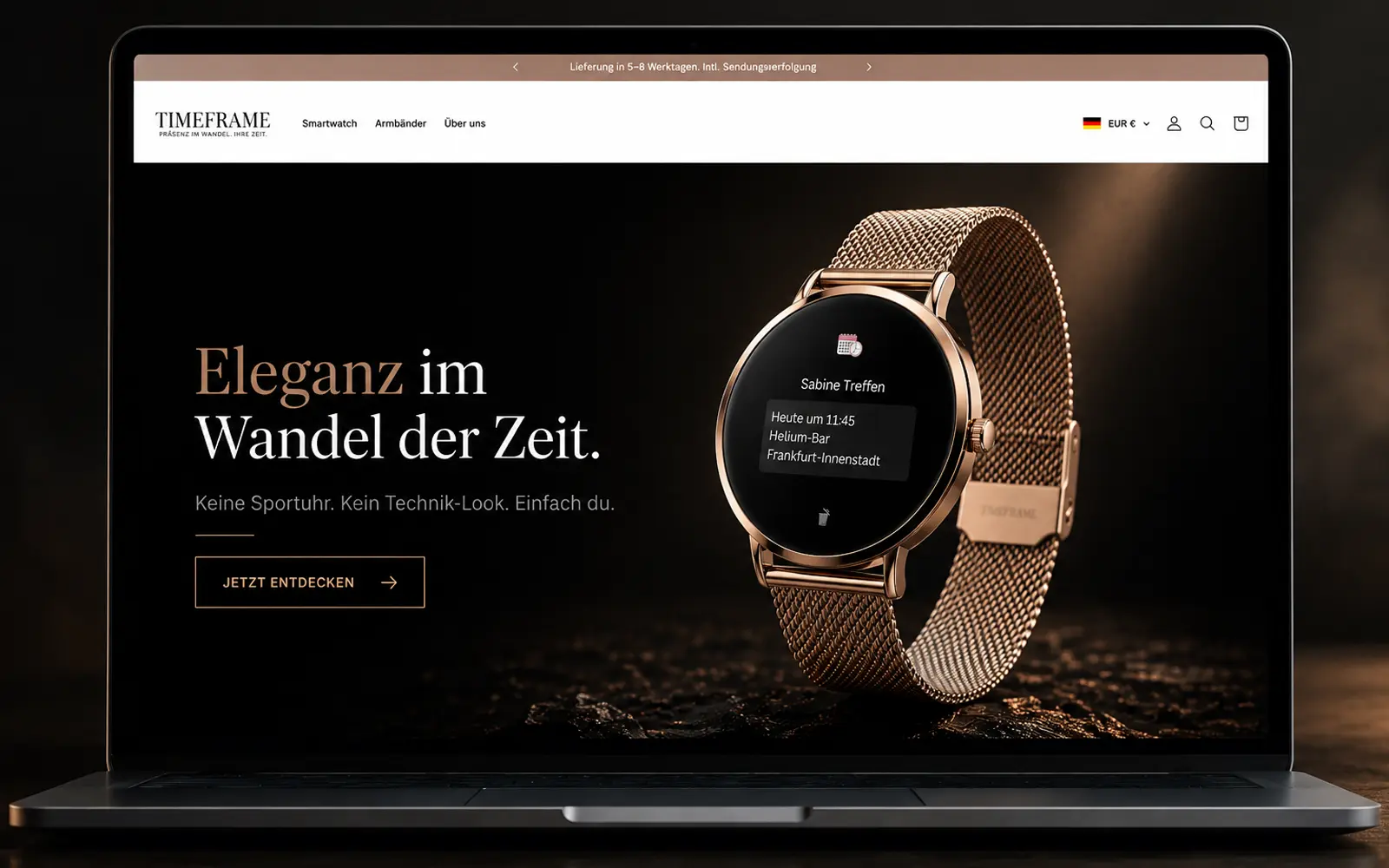 Screenshot der Timeframe-Startseite mit Produktinszenierung und Markenauftritt